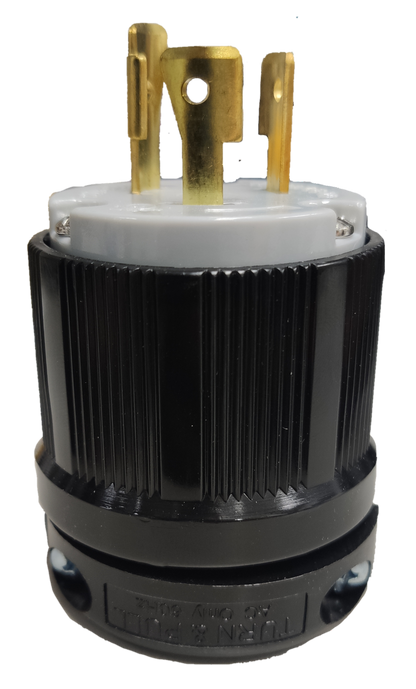 Grippes industrial grade 250V twistlock plug with black ribbed body and brass prongs