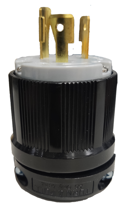 Grippes industrial grade 250V twistlock plug with black ribbed body and brass prongs