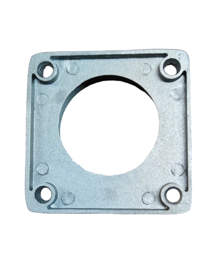 Meter Base Hub 2 Inches square aluminum mounting plate with central circular hole and four screw holes made in China