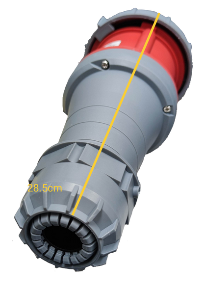 Grippes 125A industrial outlet cord connector with durable grey housing and red fittings for secure connections