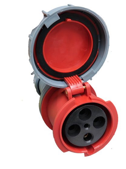 Grippes 125A industrial outlet cord connector with weatherproof design and multiple outlet ports