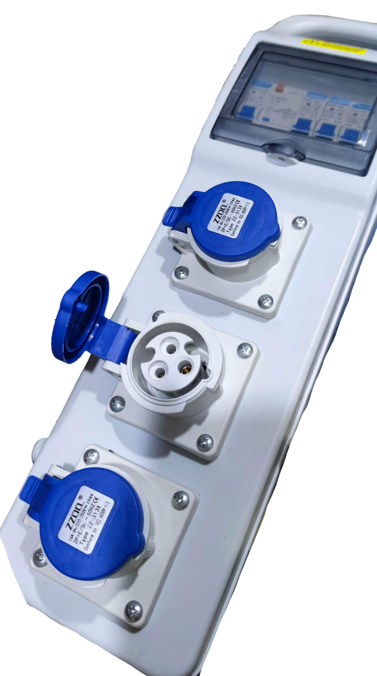 Grippes industrial outlet distribution panel 16A with multiple blue power sockets and protective covers