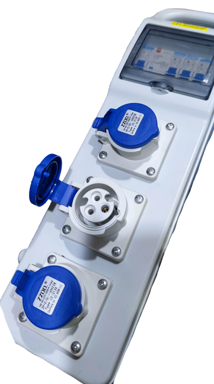 Grippes industrial outlet distribution panel 16A with multiple blue power sockets and protective covers