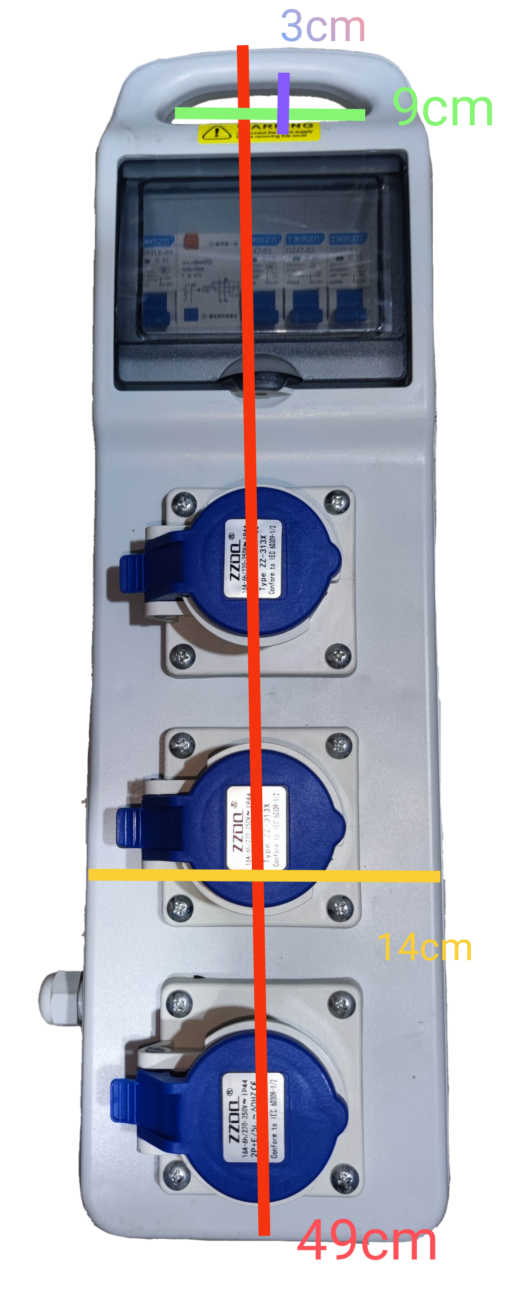 Grippes industrial outlet distribution panel 16A with three blue power sockets and clear protective cover