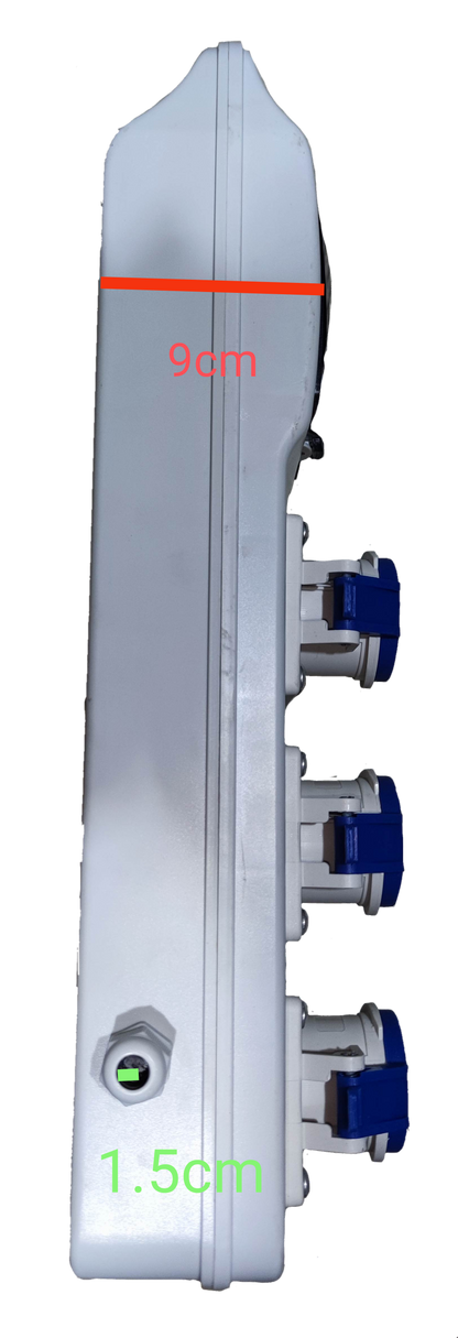 Grippes industrial outlet distribution panel 16A with three blue power sockets and compact white casing