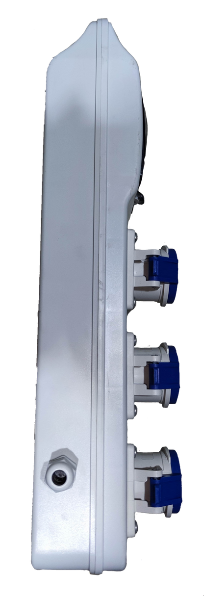 Grippes industrial outlet distribution panel 16A with multiple blue socket outlets on white housing