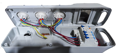 Grippes industrial outlet distribution panel 16A with wired sockets and circuit breakers in white plastic casing