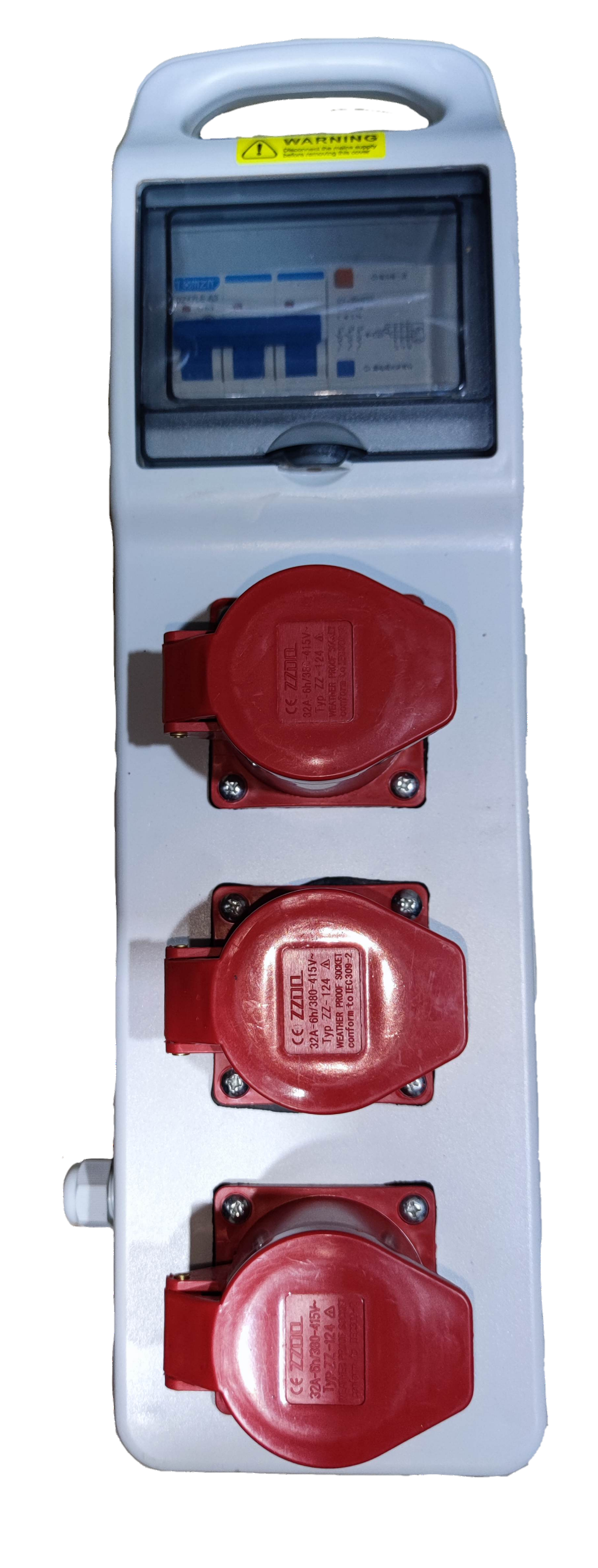 Grippes industrial outlet distribution panel with three red power sockets and circuit breakers