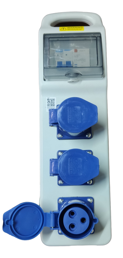 Grippes industrial outlet distribution panel 32A with three blue power sockets and protective covers