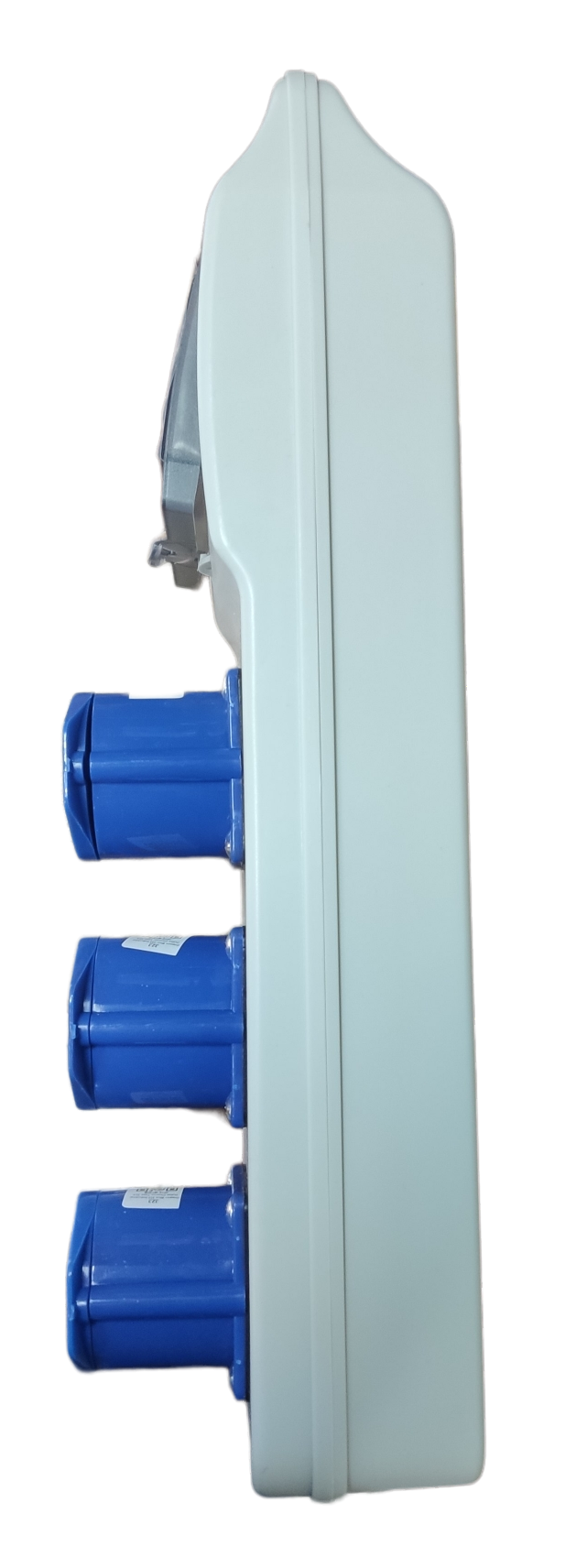 Grippes industrial outlet distribution panel 32A with three blue power outlets in a white casing