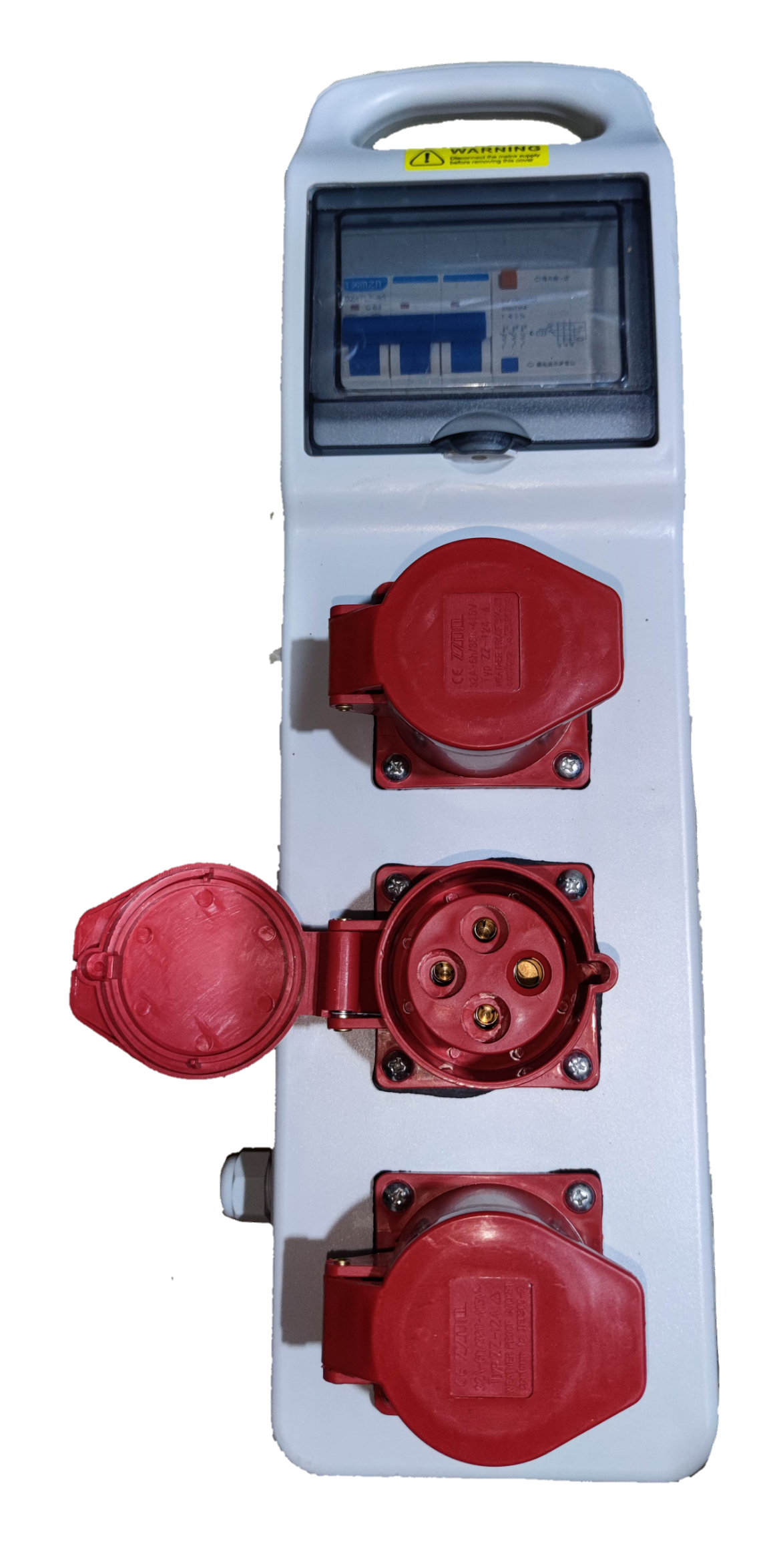 Grippes industrial outlet distribution panel with three red power sockets and a circuit breaker enclosed in white casing