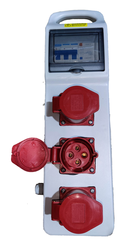 Grippes industrial outlet distribution panel with three red power sockets and a circuit breaker enclosed in white casing