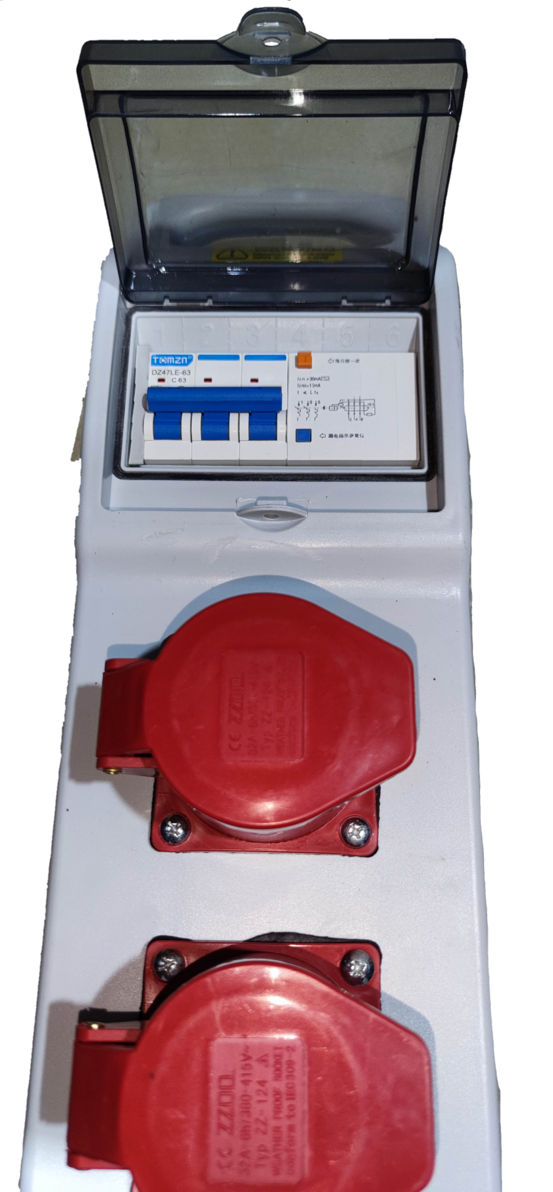 Grippes industrial outlet distribution panel with circuit breakers and red power sockets for heavy-duty use