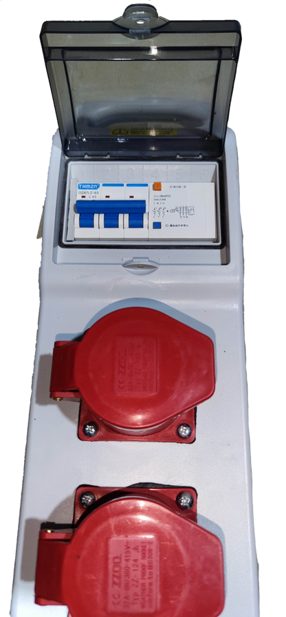 Grippes industrial outlet distribution panel with circuit breakers and red power sockets for heavy-duty use