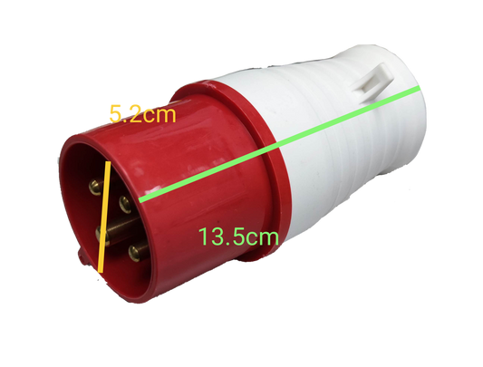 Grippes 32A industrial plug 3P+E with dimensions of 5.2cm and 13.5cm for reliable electrical connections