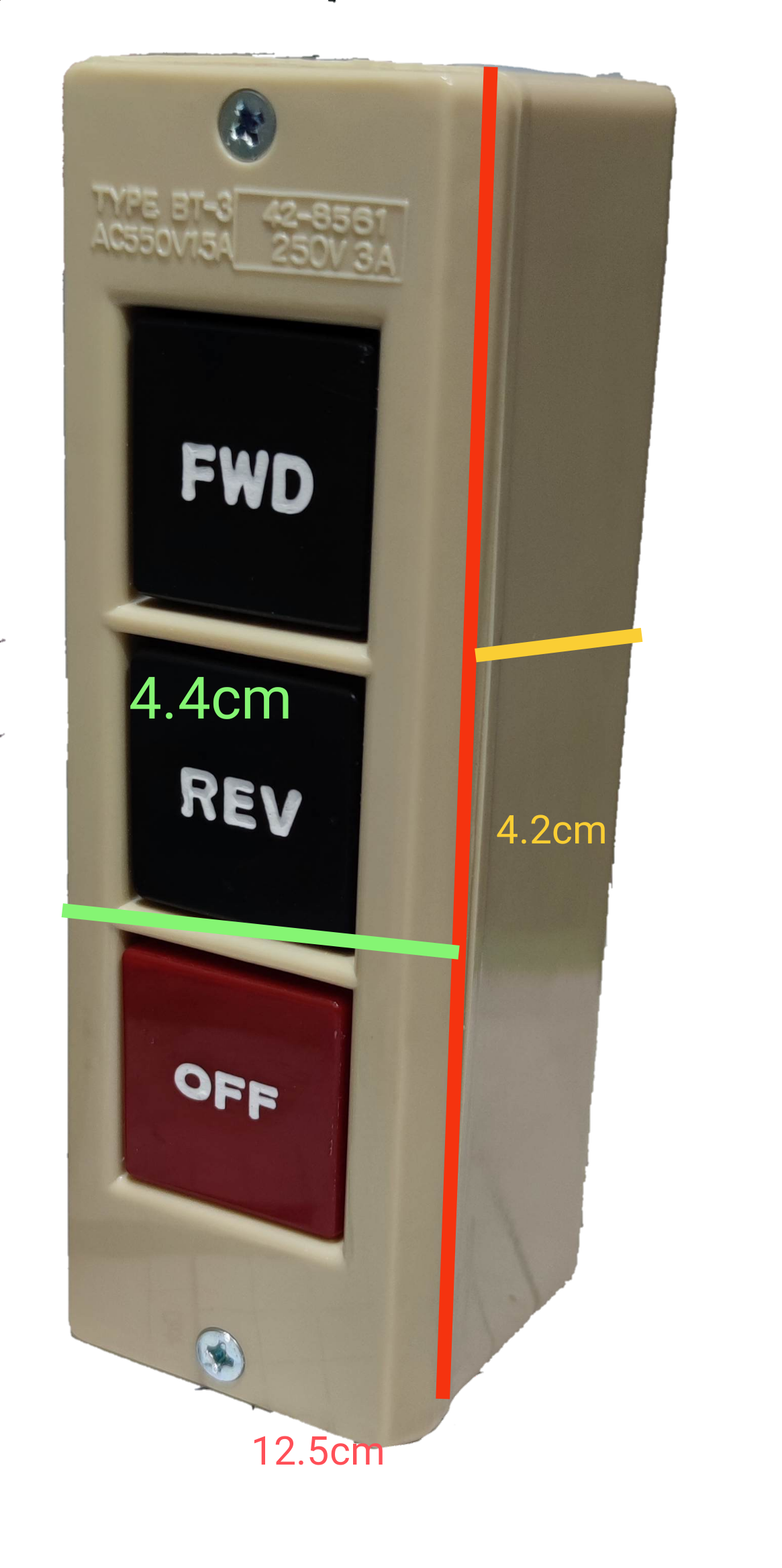 Auspicious industrial push button switch with FWD, REV, and OFF buttons in beige housing