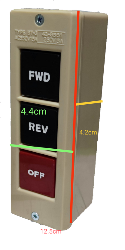 Auspicious industrial push button switch with FWD, REV, and OFF buttons in beige housing