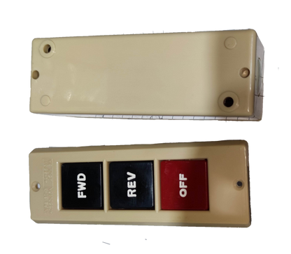 Auspicious industrial push button switch with FWD REV and OFF buttons in beige casing