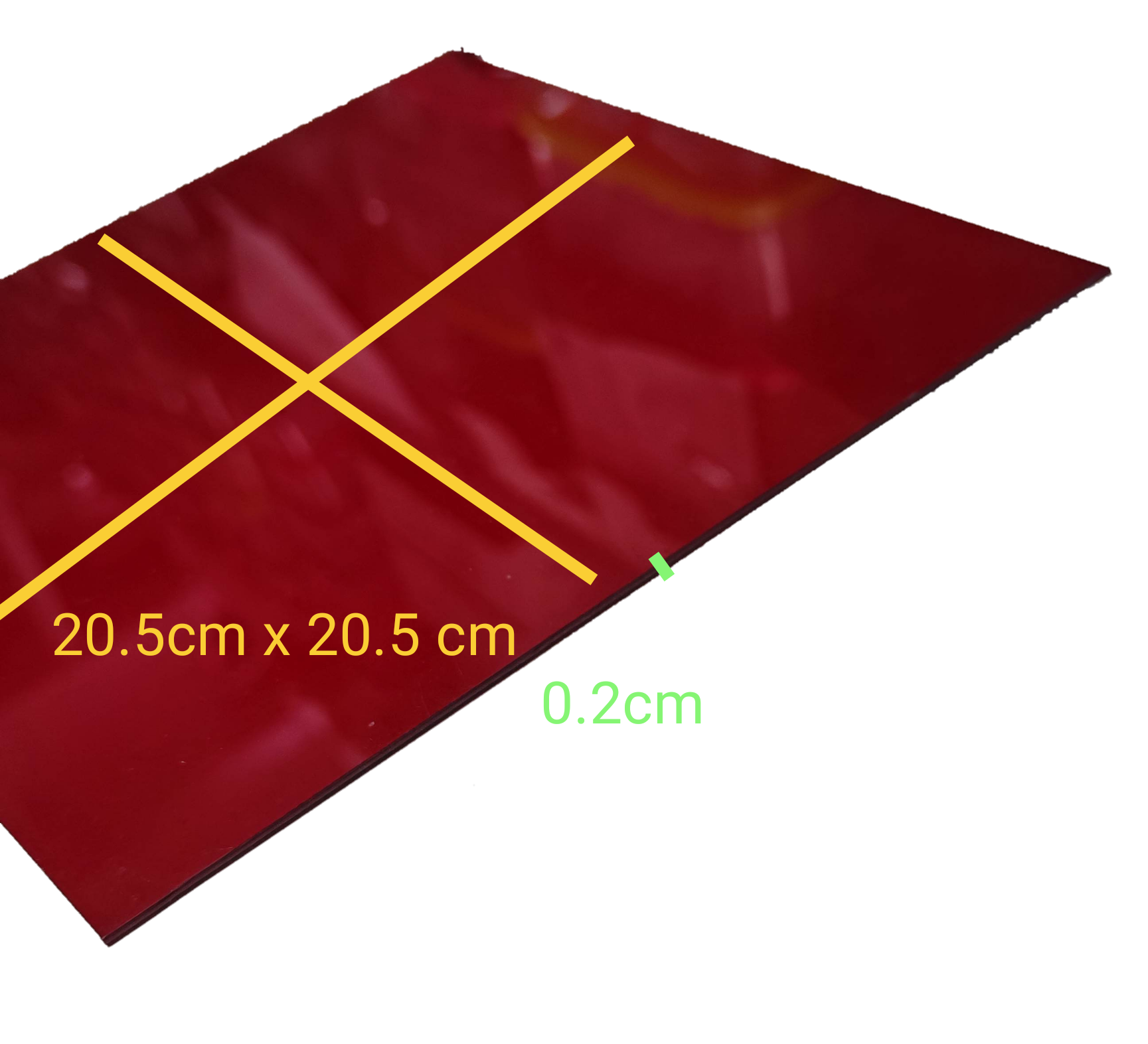 Industrial red acrylic filter sheet measuring 20.5cm x 20.5cm and 0.2cm thick for various applications