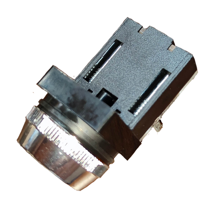 Grippes red push button switch 30mm shown without cap with silver metal bezel and black plastic housing