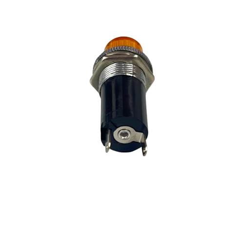 Grippes panel mount yellow LED signal light 220V with threaded metal housing amber lens and two terminals for control panels