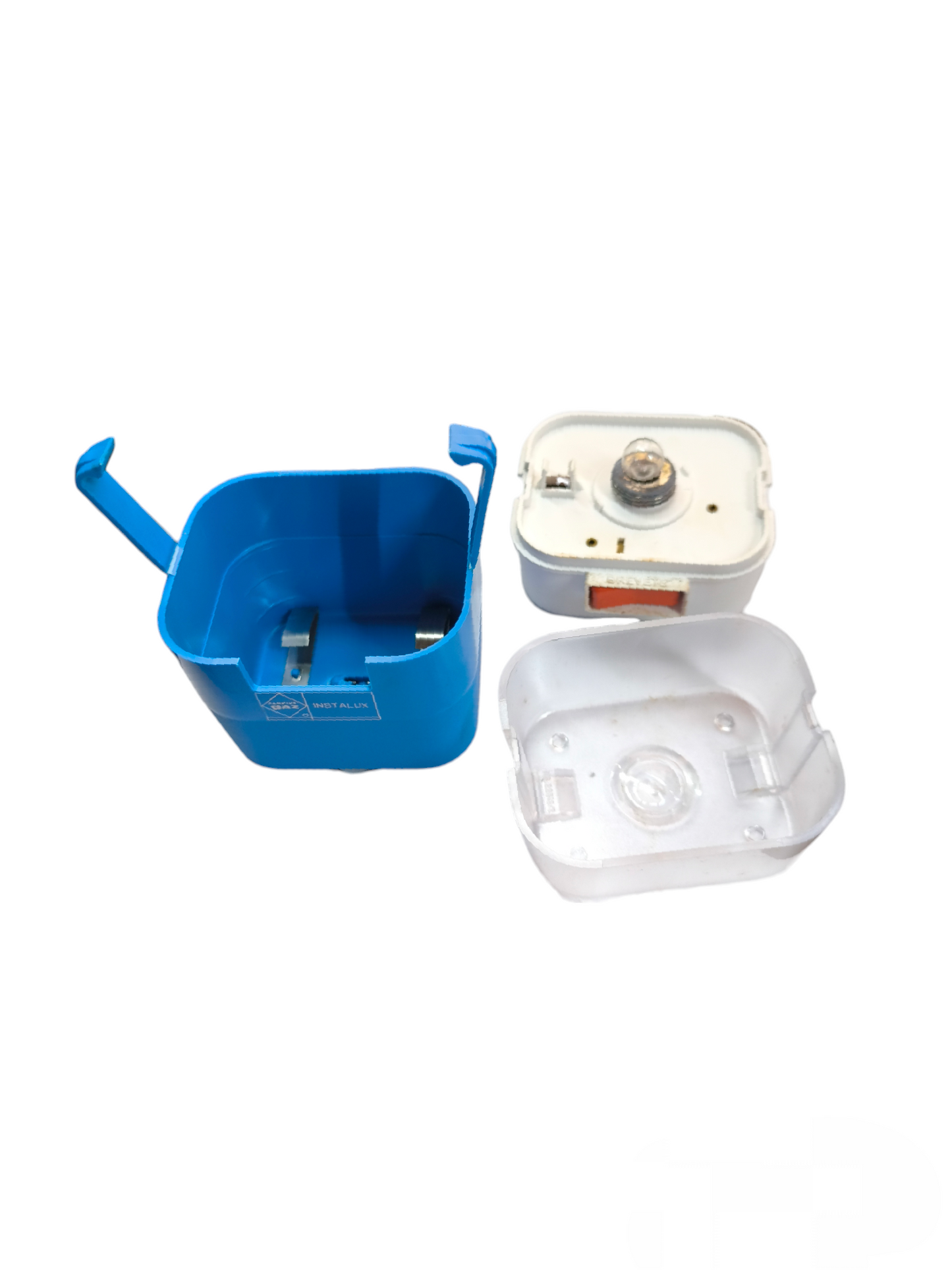 Instalux Camping Gas International Vintage blue and white lantern parts on white background