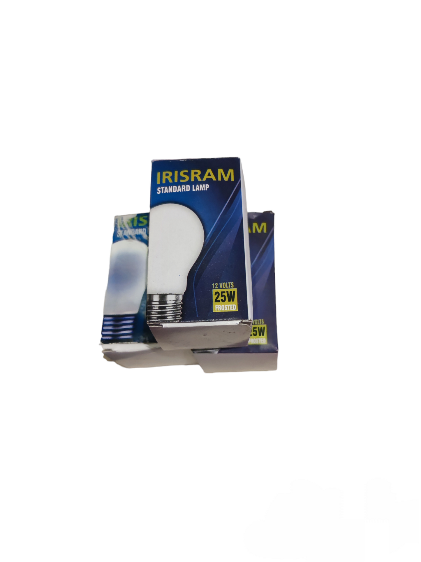 Irisram Battery Lamp 12V 25W E27 incandescent bulb packaging with blue and white design