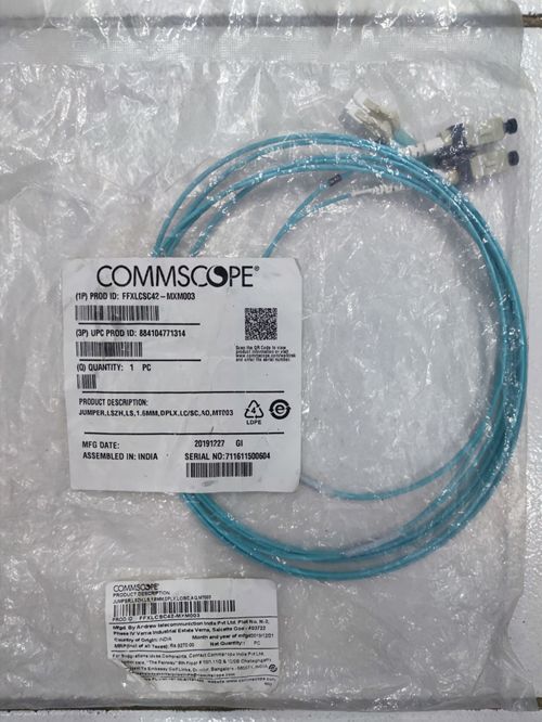 Jumper Fiber Connector Cable by Commscope in blue color packaged in clear plastic bag