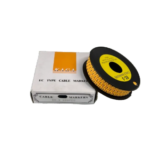 Cable Marker 7 yellow roll on black spool beside white box packaging for cable management from China