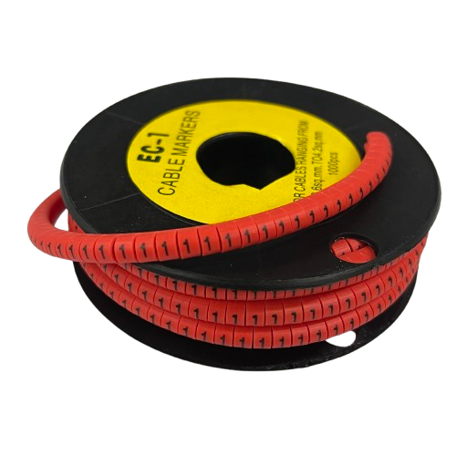 Grippes spool of red cable markers with printed 1s on flexible tubing 1 Marker Red 2.6mm to 4.2mm for wire identification