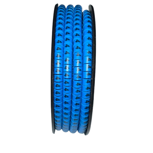4 Cable Marker Blue spool of numbered blue cable markers with repeated 4 printing for cable management