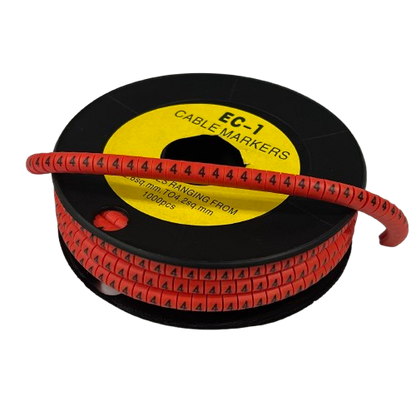 Grippes cable management spool of red numbered markers showing 4 Marker Red 2.6mm to 4.2mm for wiring