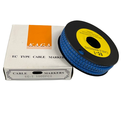 Spool of blue cable markers with white KAGA box for cable organization "5" Marker 2.6mm to 4.2mm Blue