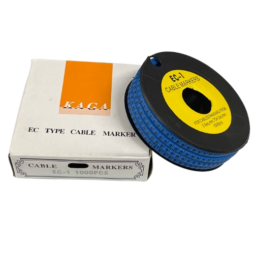 Spool and box of blue 8 Cable Marker 2.6mm to 4.2mm wire labels for organized cable management
