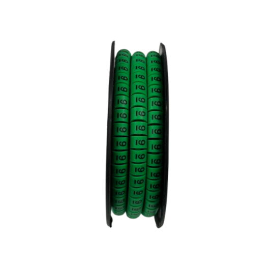 Spool of 9 Marker 5.0mm to 7.2mm Green cable markers showing numbered rings for wire labeling