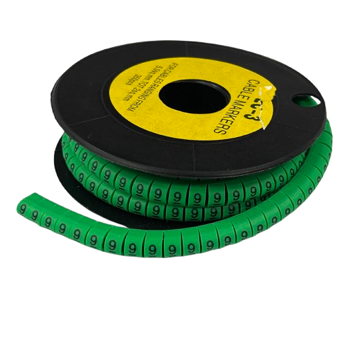 Green cable marker reel with repeated 9 labels for wire identification 9 Marker 5.0mm to 7.2mm Green