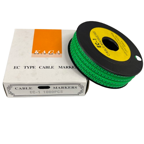 "A" Marker EC-1 Green 2.6mm to 4.2mm cable markers on green spool beside white labeled box by Grippes