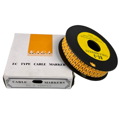 Grippes Cable 5 Marker -3 Yellow roll of numbered cable markers on black spool with white box