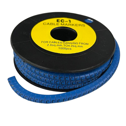 Spool of blue plastic Cable "C" Marker 2.6mm to 4.2mm Blue on reel for labeling and organizing cables