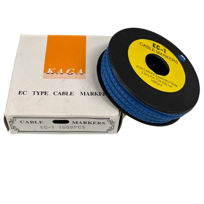 Spool and box of blue cable markers for wire labeling Cable "C" Marker 2.6mm to 4.2mm Blue 1000pcs roll