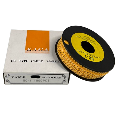 Spool of yellow cable markers and box showing EC-1 1000pcs for identification Cable "C" Marker 2.6mm to 4.2mm Yellow