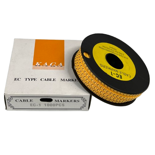Spool of yellow cable markers and box showing EC-1 1000pcs for identification Cable "C" Marker 2.6mm to 4.2mm Yellow
