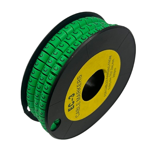 Spool of green Cable "C" Marker 5.0mm to 7.2mm cable labels on black reel for cable management