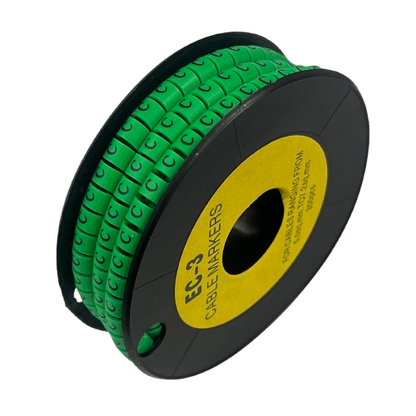 Spool of green Cable "C" Marker 5.0mm to 7.2mm cable labels on black reel for cable management