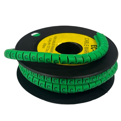 Reel of green plastic cable management markers with C labels Cable "C" Marker 5.0mm to 7.2mm for wire organization