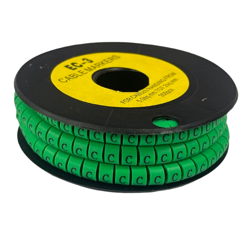 Spool of green plastic Cable "C" Marker 5.0mm to 7.2mm. cable markers on black reel for organized wiring