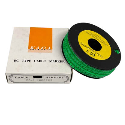 Grippes cable management spool with green markers and box containing Cable "C" Marker EC-1 Green
