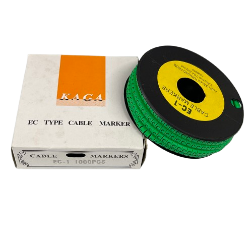 Grippes cable management spool with green markers and box containing Cable "C" Marker EC-1 Green