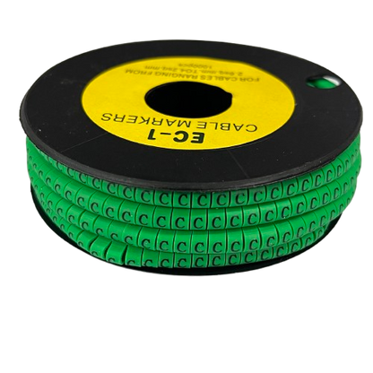 Grippes spool of green lettered cable markers showing multiple Cable "C" Marker EC-1 Green strips for labeling