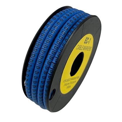 Spool of blue Cable "D" Marker 2.6mm to 4.2mm Blue rings for cable management on a black background